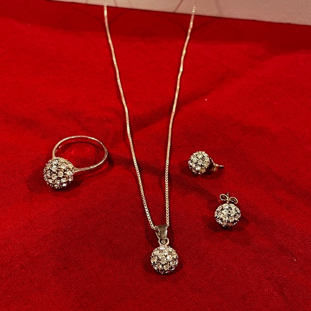 Sterling Silver 925 Dome Crystal Necklace, Ring, Pierced Earrings SET